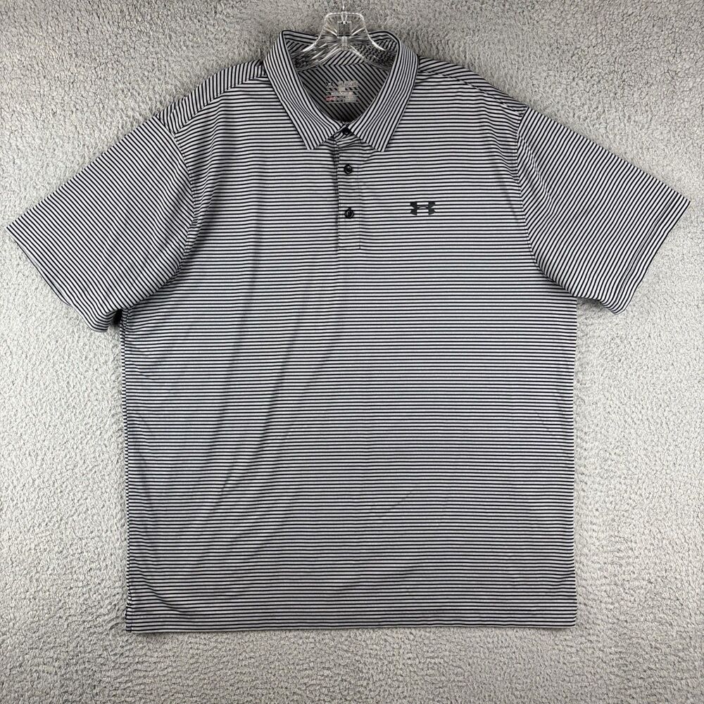 Under Armour Shirt Men's 2XL Golf Club Polo Heatgear Black Gray Loose Stripes
